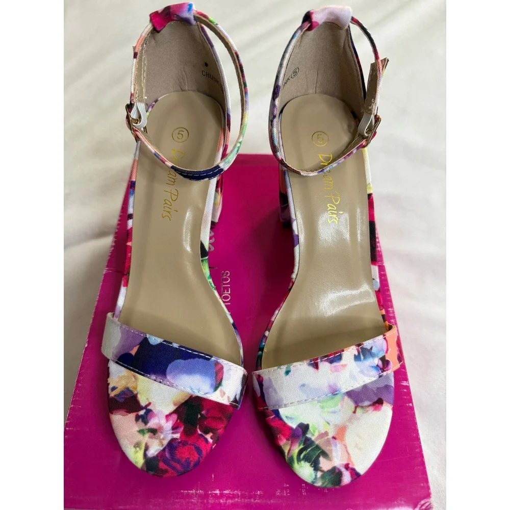 Dream Pairs Women Floral Chunky Block Heel Sandals Ankle Strap Shoes Size 5